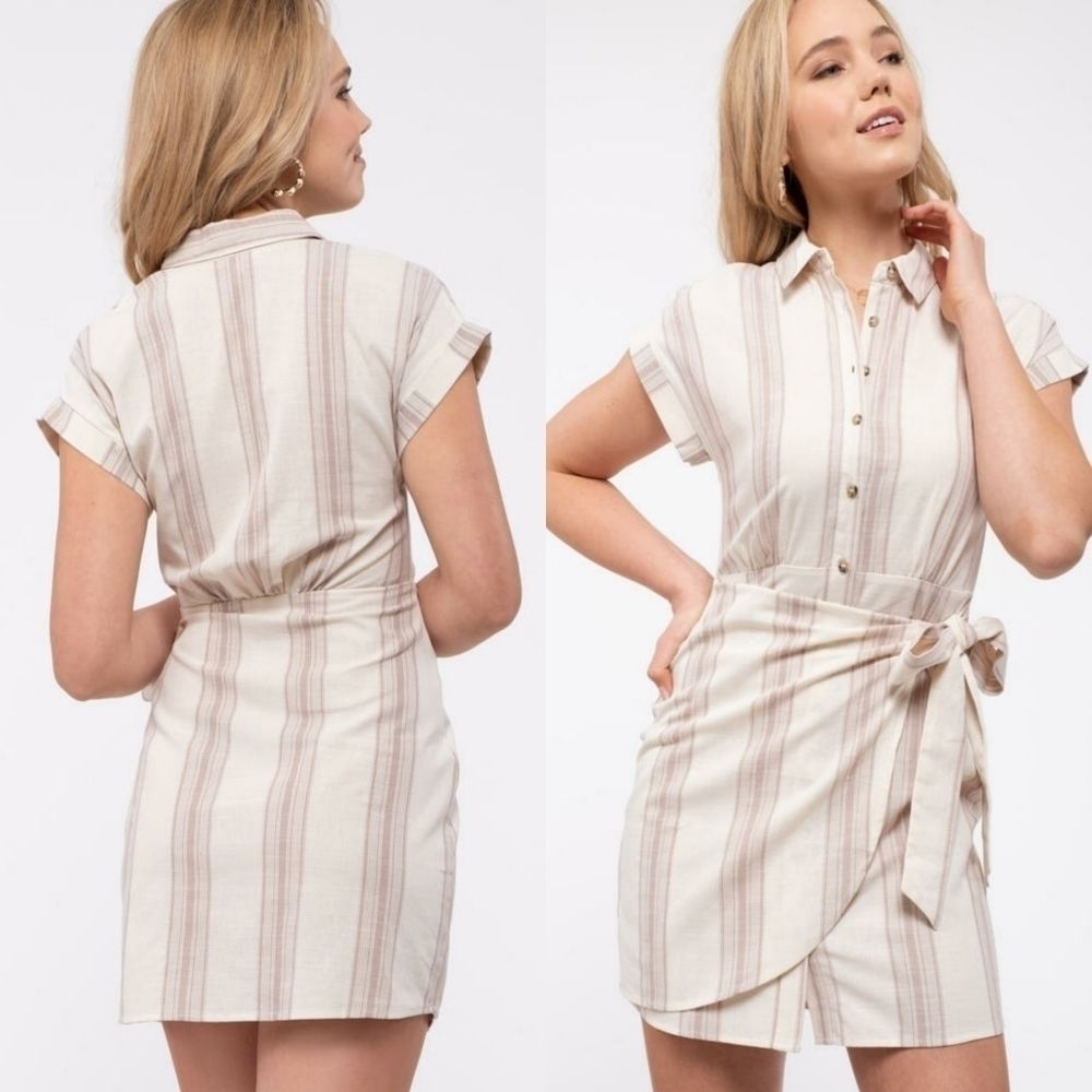 Blu Pepper Striped Mini Shirt Dress w/ Wrap Skirt Cream Brown NEW